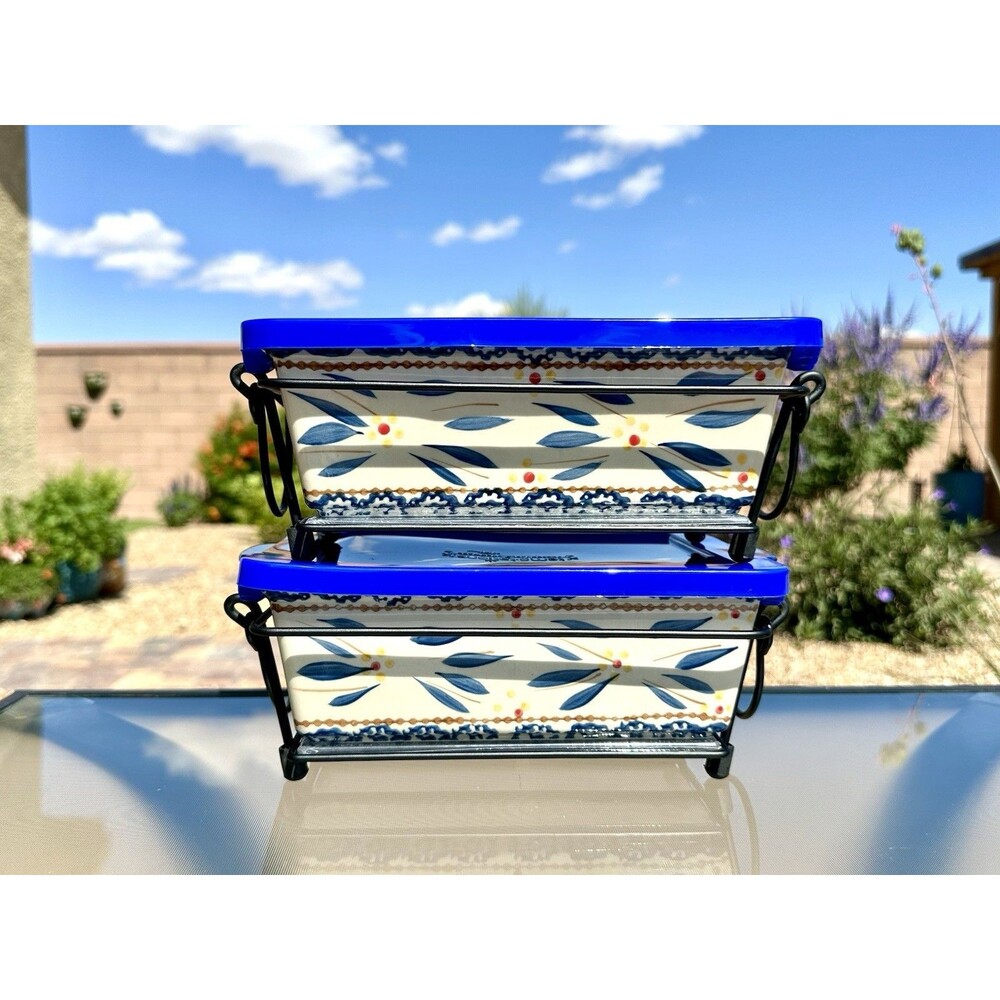 2 Temp-tations Tara Old World Blue 1.5 Qt Loaf Pan with Wire Rack, Lid & Trivet